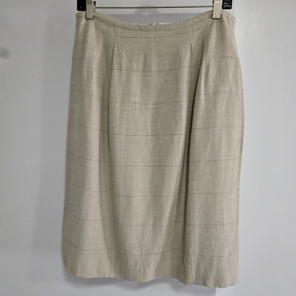 Josephine Chaus Lined Skirt ‎ 12 Beige Linen Blend Pleated Back Zip Back Slit
